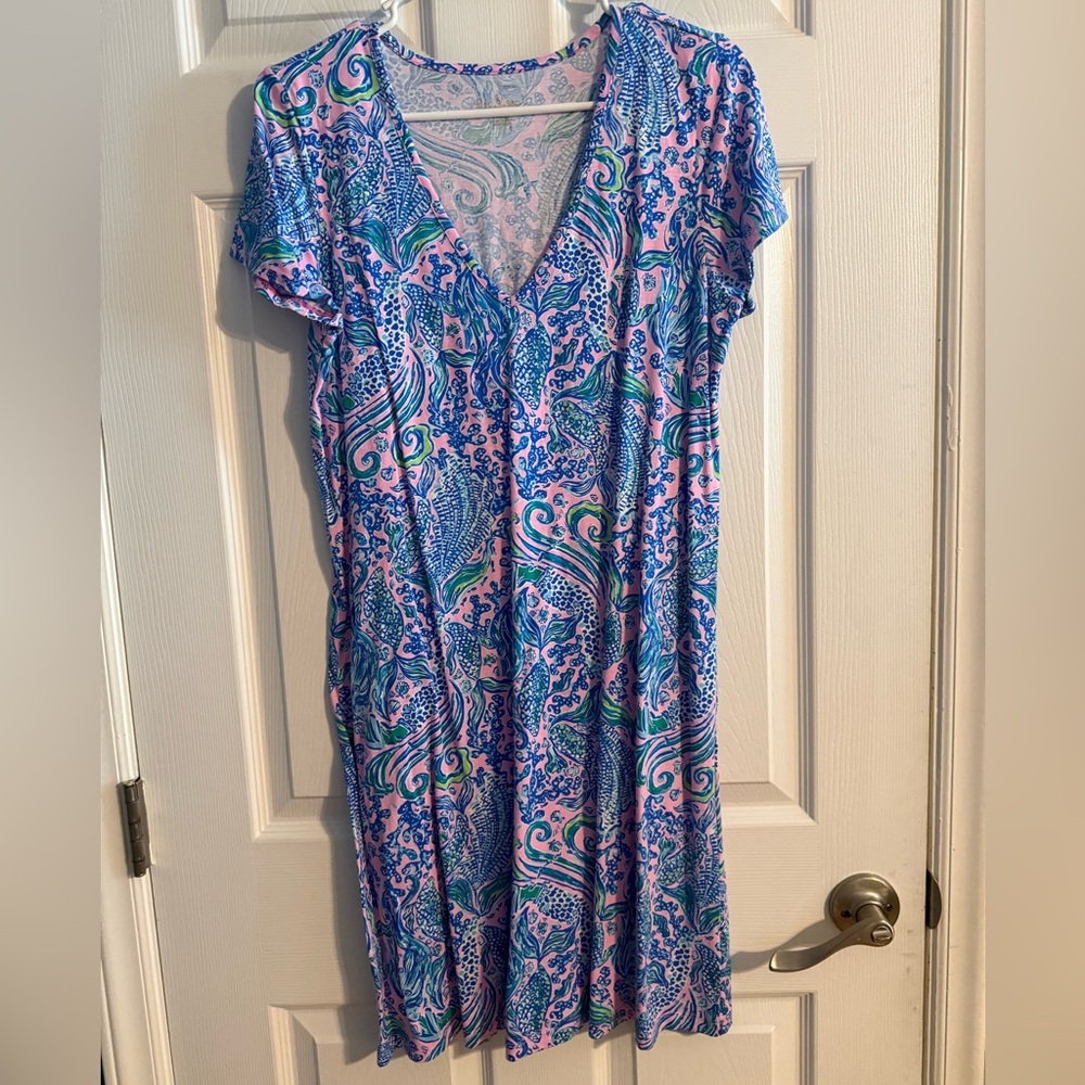 Lilly Pulitzer‎ Dress Women Medium Pink Blue Sea Print V-Neck Short Sleeve